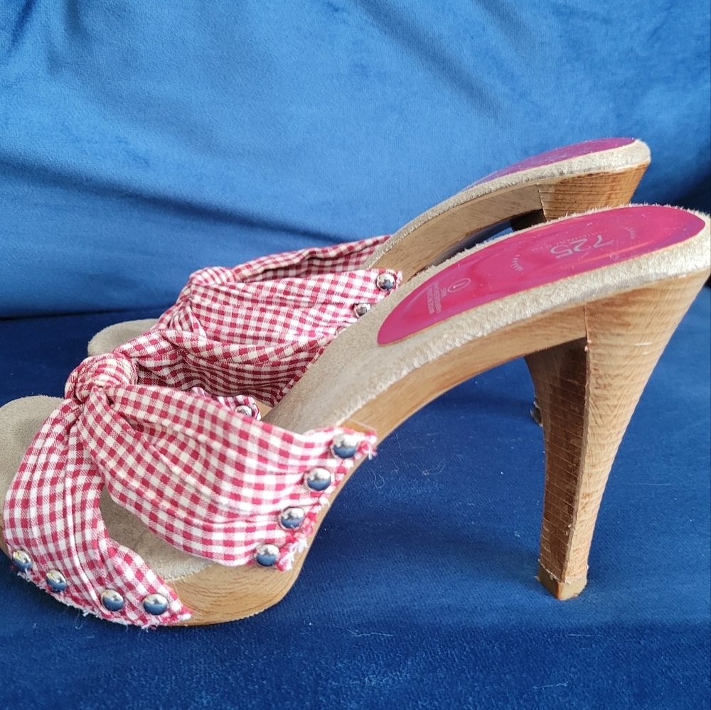 Gingham Heeled Clogs Retro Pinup Faux Wood Slides Sz 7